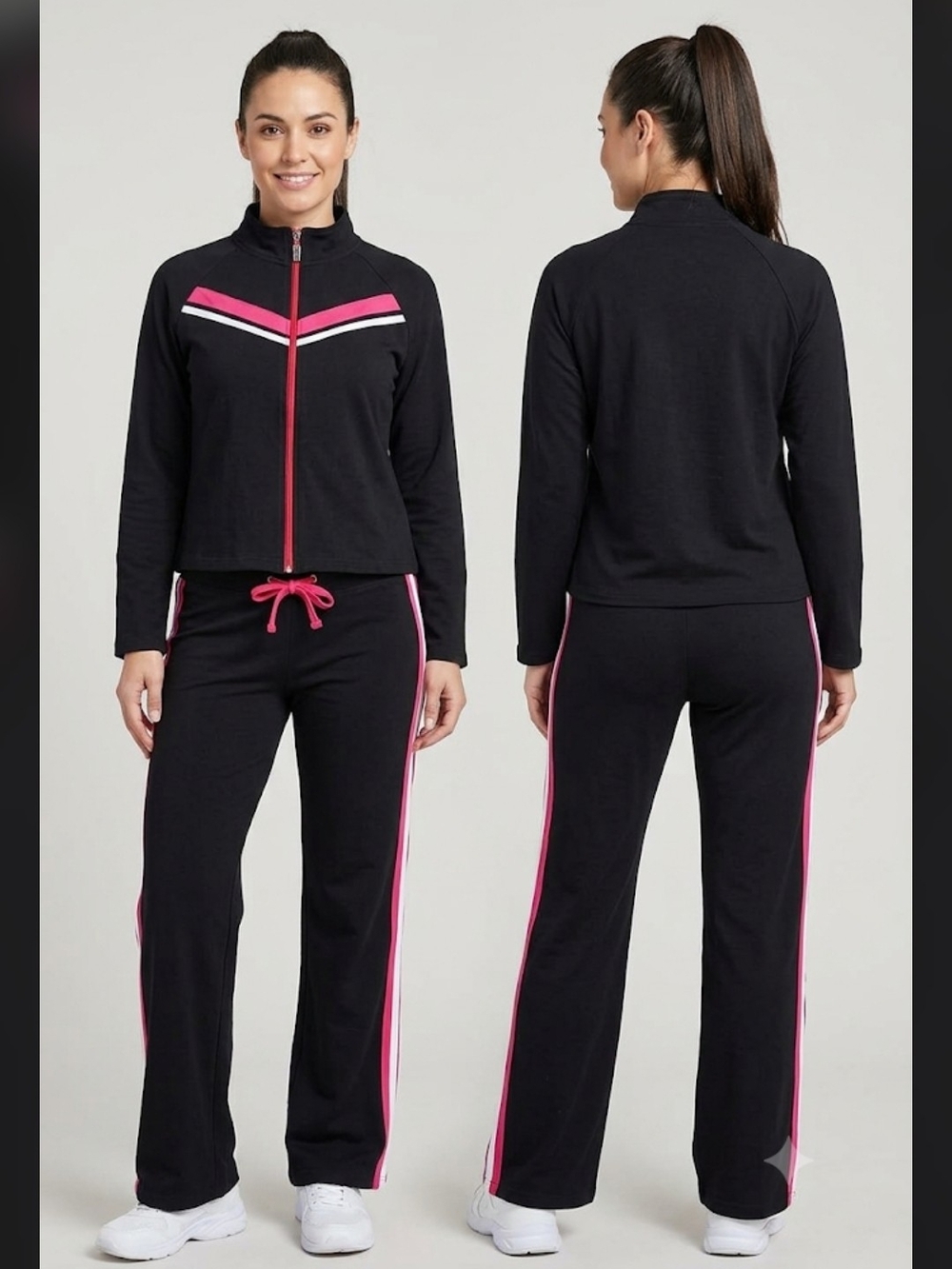 NWT G.W. Sport Women’s Black & Hot Pink Stripe Tracksuit Set(jacket XL/pants L)